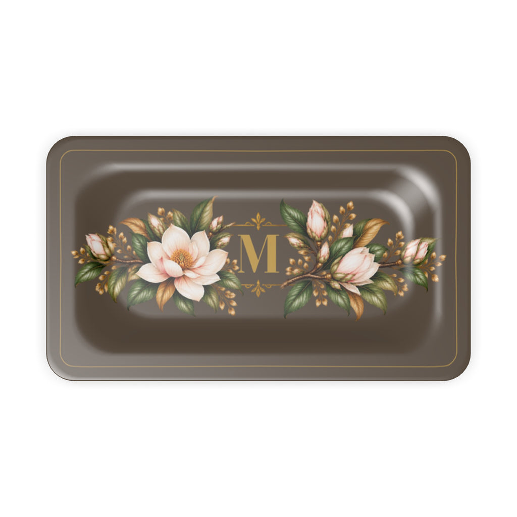 Magnolia Monogram Serving Tray in Brown, desk tidy size