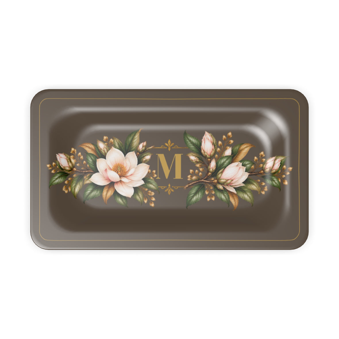 Magnolia Monogram Serving Tray in Brown, desk tidy size