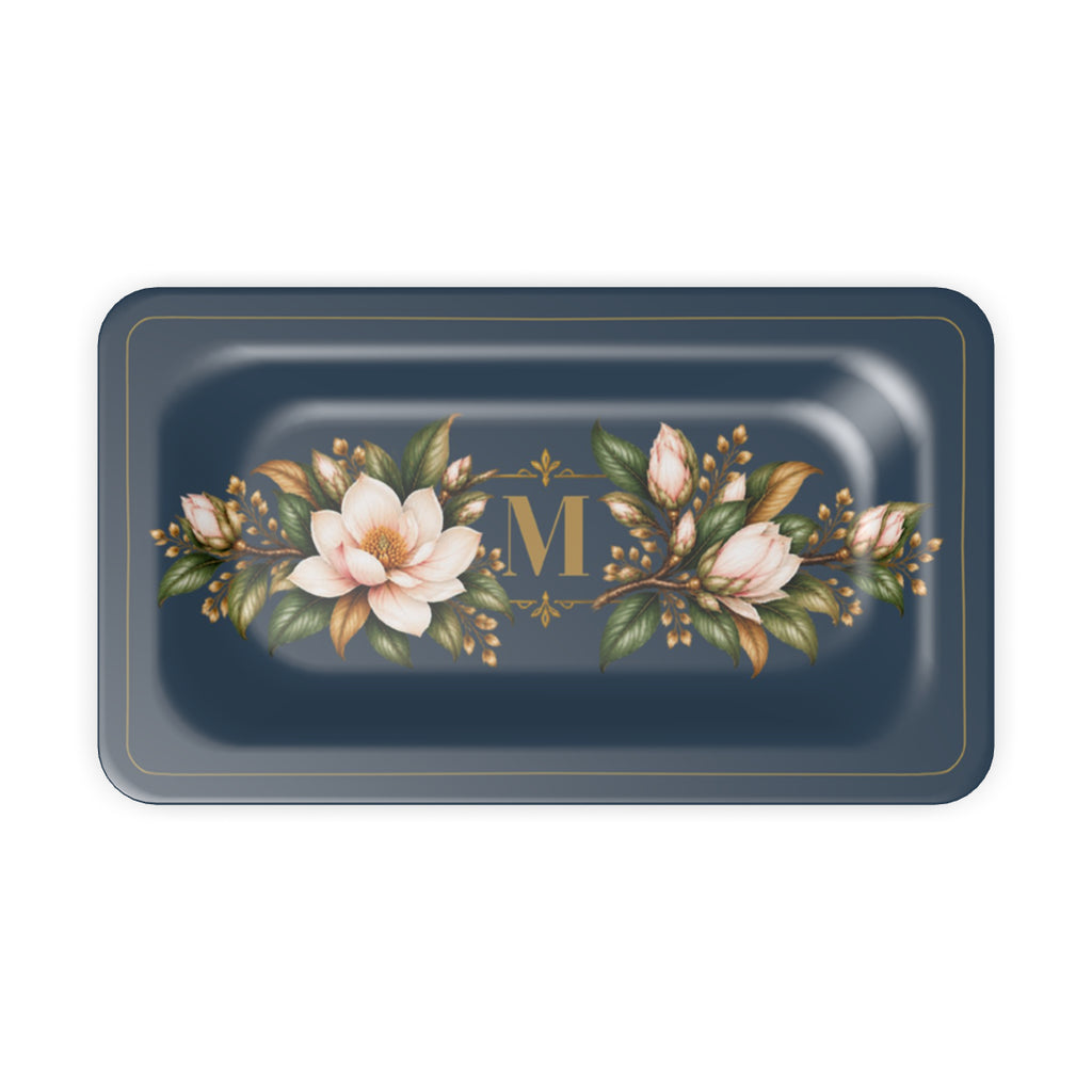 Magnolia Monogram Serving Tray in Navy, desk tidy size