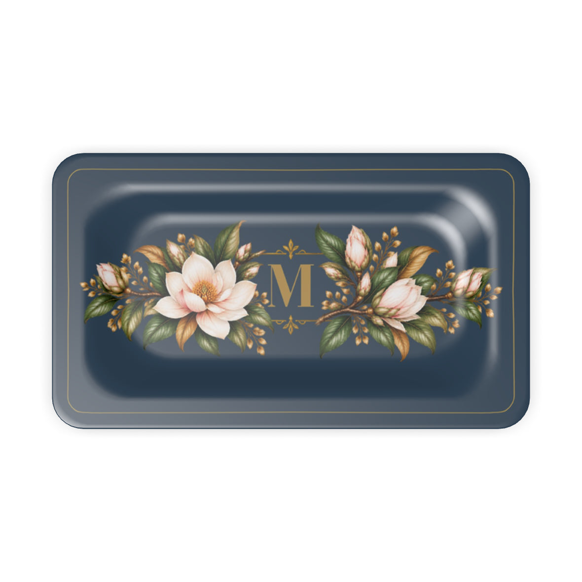 Magnolia Monogram Serving Tray in Navy, desk tidy size