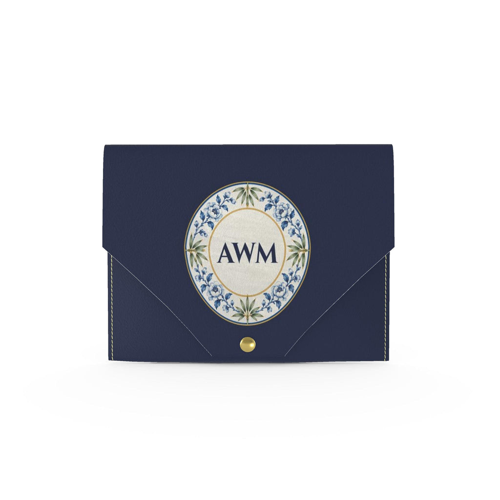 Ginger Jar Mahjong Card Wallet, Navy: front with AWM monogram in a blue-and-white porcelain medallion