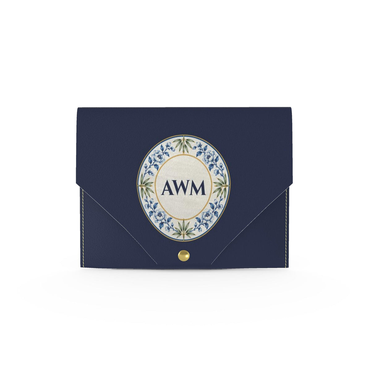 Ginger Jar Mahjong Card Wallet, Navy: front with AWM monogram in a blue-and-white porcelain medallion