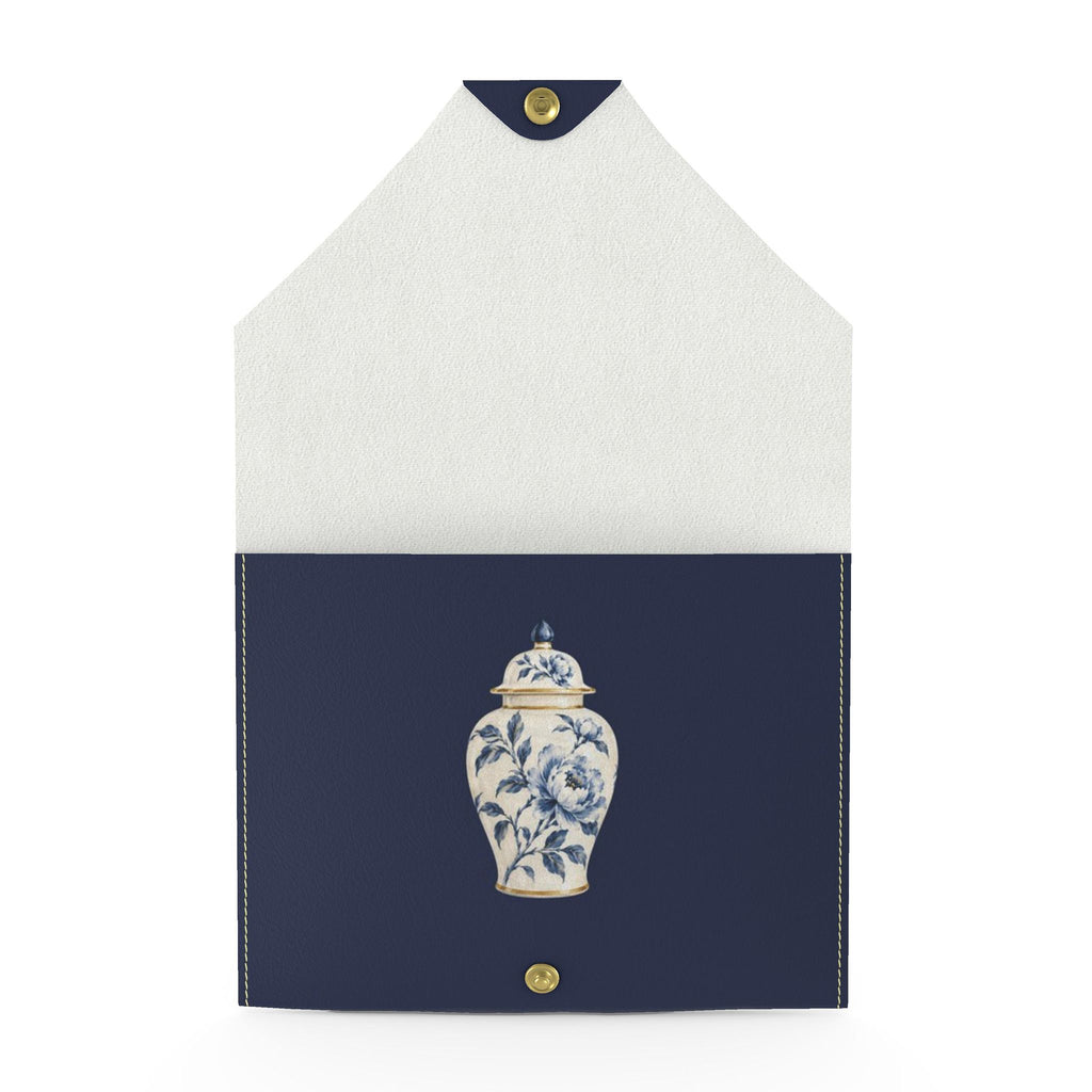 Ginger Jar Mahjong Card Wallet, Navy: open view with a blue-and-white ginger jar inside