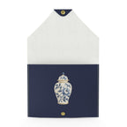 Ginger Jar Mahjong Card Wallet, Navy: open view with a blue-and-white ginger jar inside