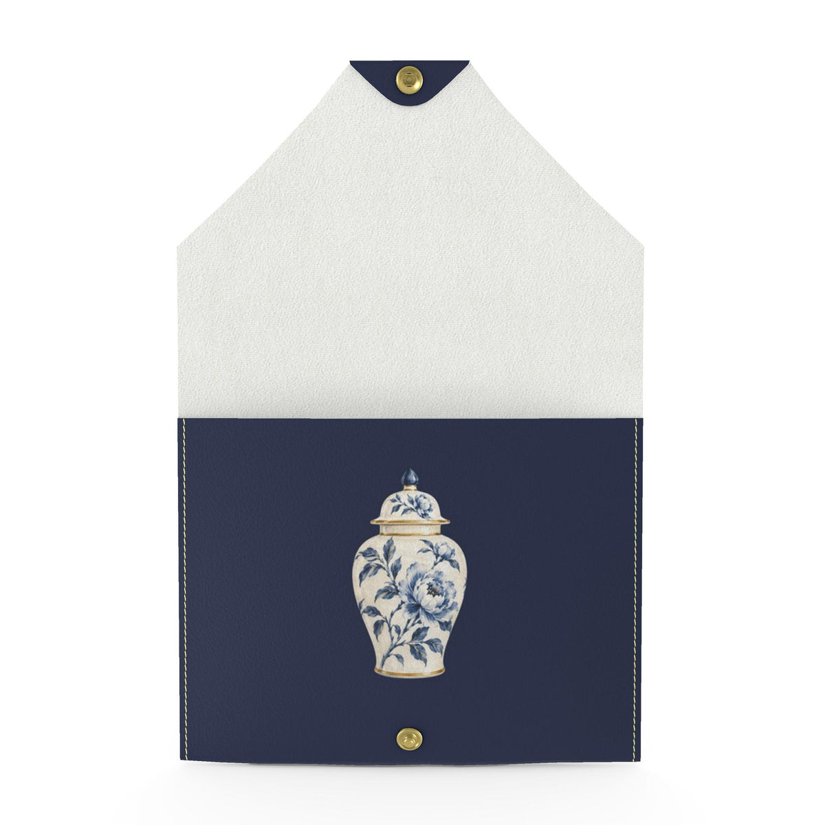 Ginger Jar Mahjong Card Wallet, Navy: open view with a blue-and-white ginger jar inside