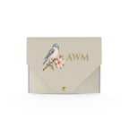 Bluebird Mahjong Card Wallet, Taupe: front with a watercolor bluebird, blossoms and gold AWM monogram