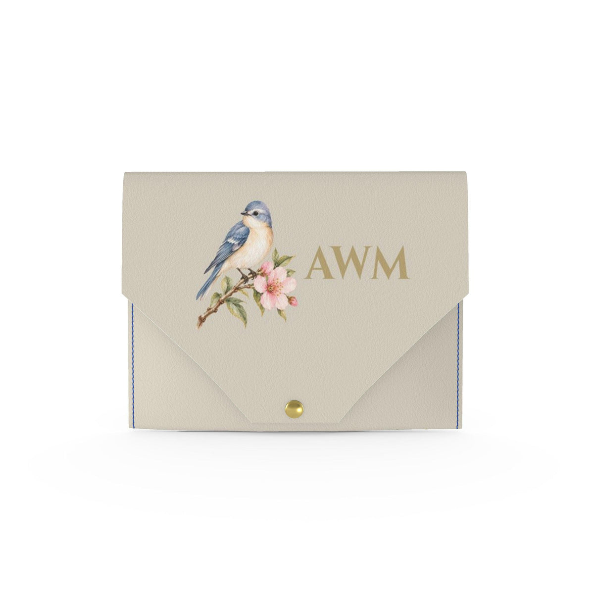 Bluebird Mahjong Card Wallet, Taupe: front with a watercolor bluebird, blossoms and gold AWM monogram