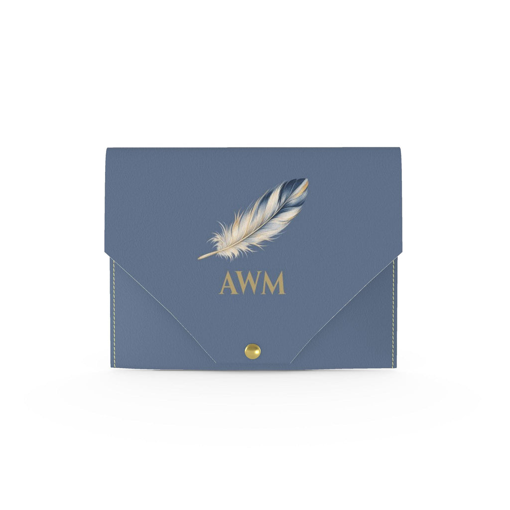 Heron Mahjong Card Wallet, Slate Blue: front with a feather and gold AWM monogram