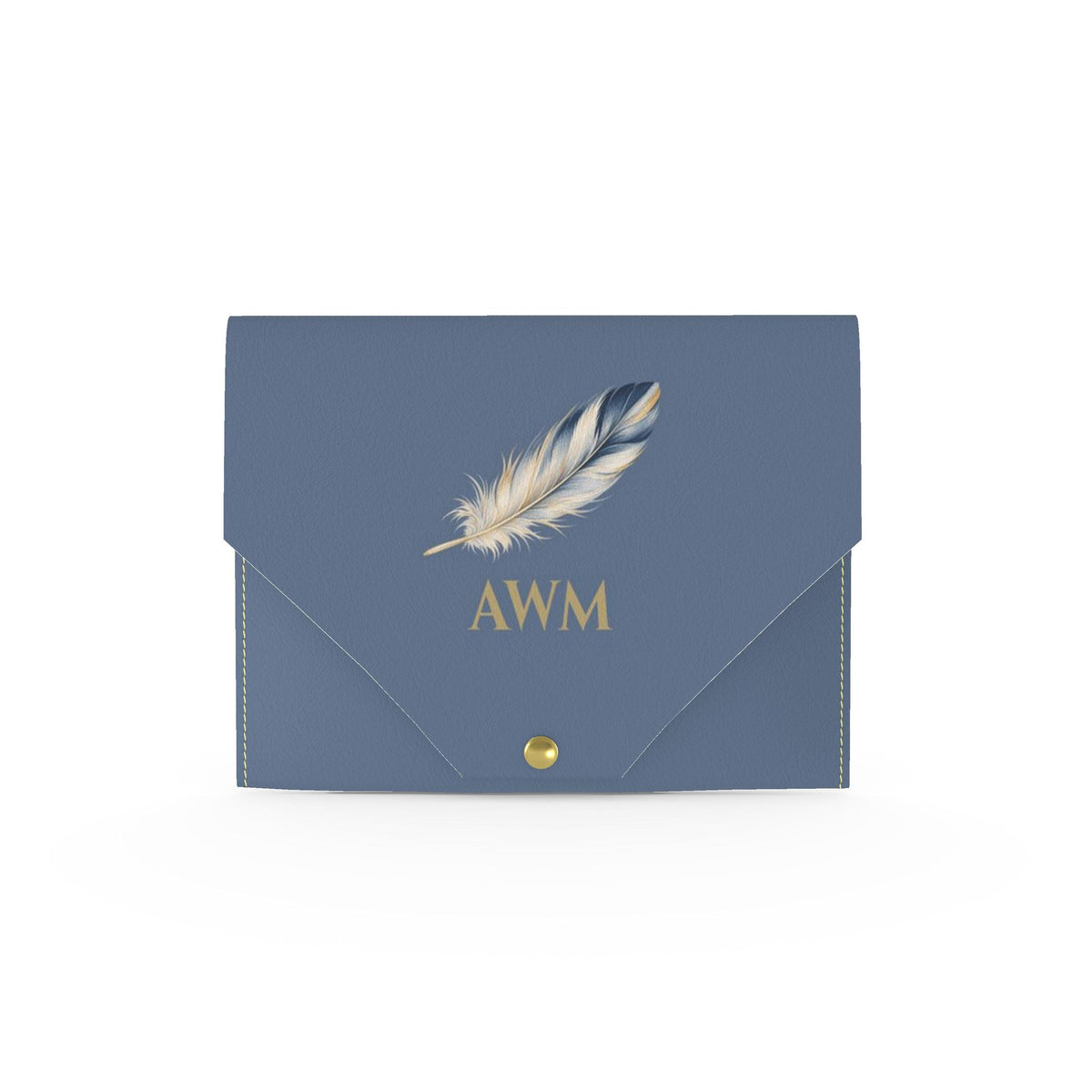 Heron Mahjong Card Wallet, Slate Blue: front with a feather and gold AWM monogram