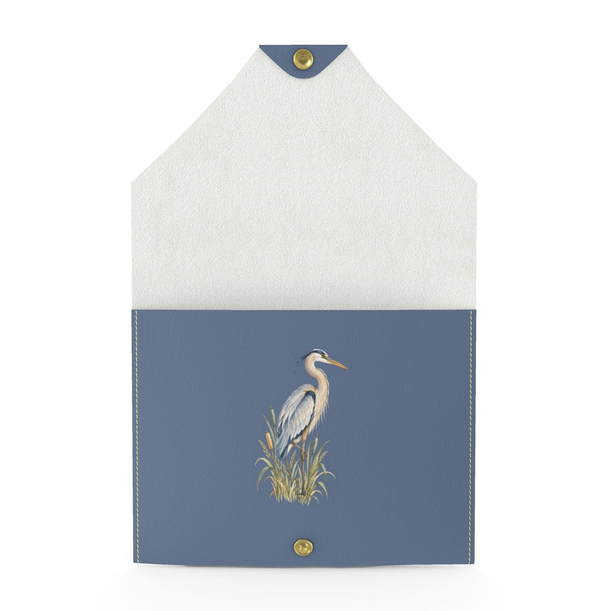 Heron Mahjong Card Wallet, Slate Blue: open view with a blue heron among the reeds inside