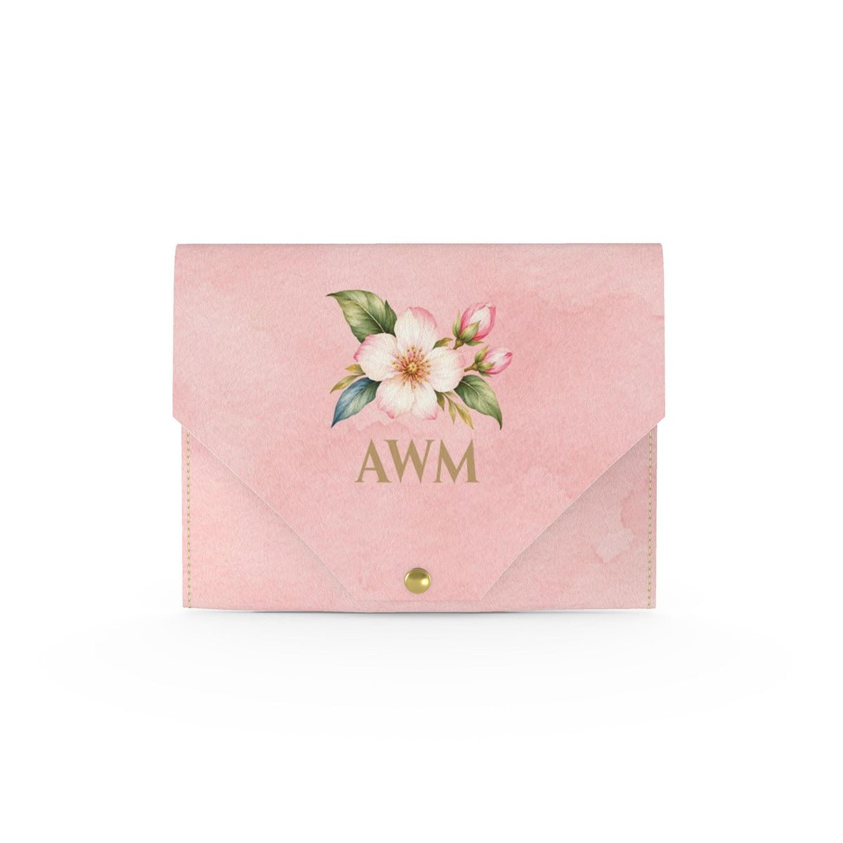 Pink Elephant Mahjong Card Wallet, Blush: front with a cherry blossom and gold AWM monogram