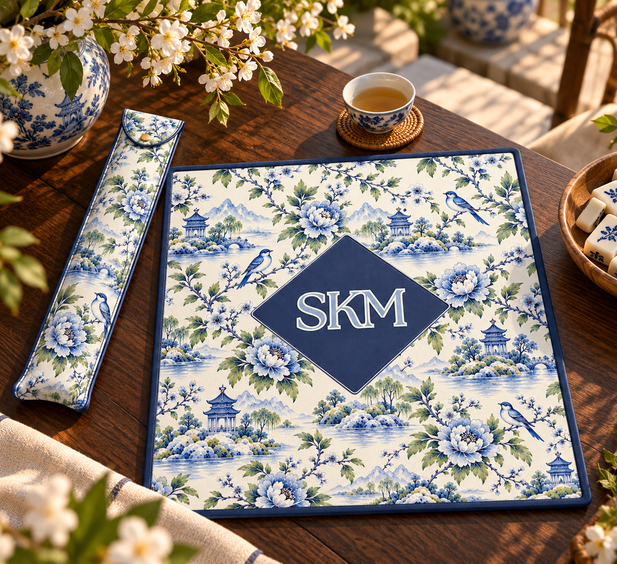 Mahjong mat dust bag, Blue & Green Chinoiserie design, shown with a matching monogrammed mahjong mat on a wood table