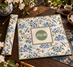 Mahjong mat dust bag, Blue, Green & Pink Chinoiserie design, shown with a matching monogrammed mahjong mat on a wood table