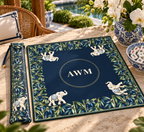 Mahjong mat dust bag, Navy with Elephant design, shown with a matching monogrammed mahjong mat on a stone table