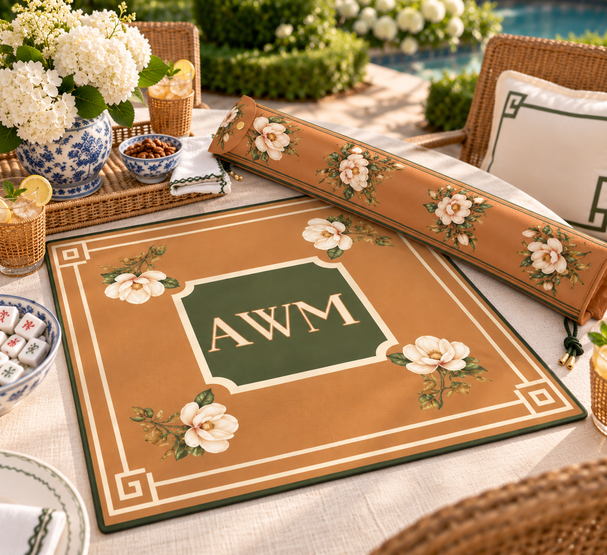 Mahjong mat dust bag, Magnolias design, shown with a matching mahjong mat
