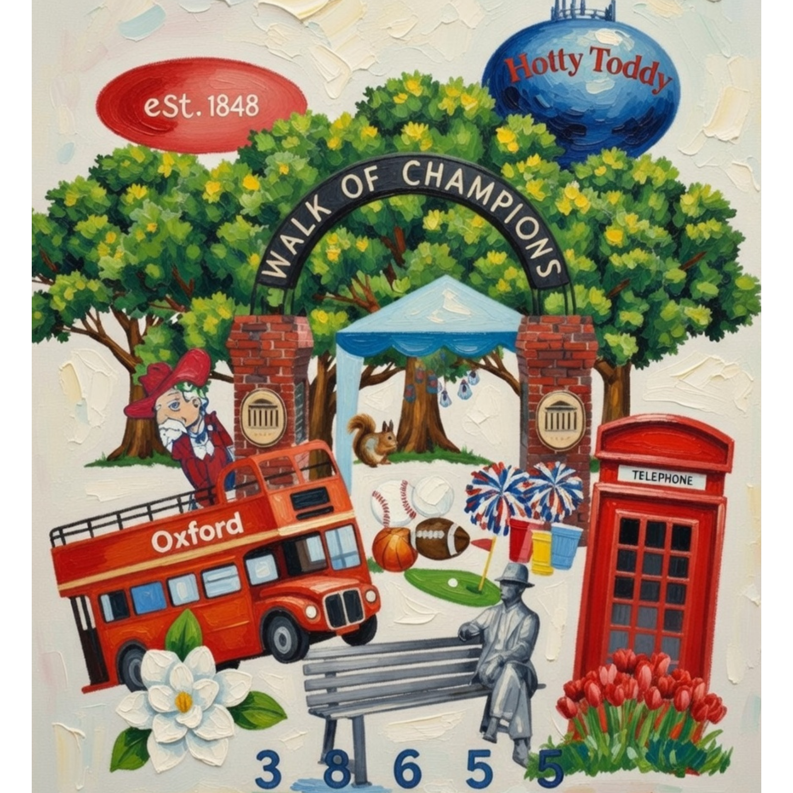Illustration of a scenic area with a bus, bench, and trees, featuring 'Hotty Toddy' and 'Oxford' branding.