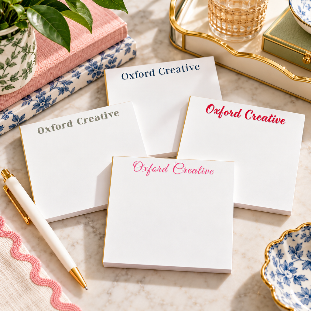 Custom name notepads, stationery flat lay