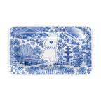 Oxford Toile Monogram Serving Tray, desk tidy size, blue-and-white toile of Oxford landmarks around a Mississippi outline with a sample AWM monogram