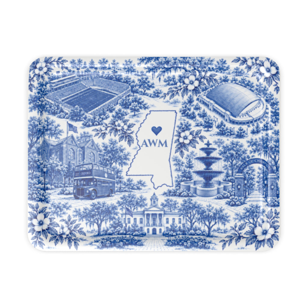 Oxford Toile Monogram Serving Tray, large tray, blue-and-white toile of Oxford landmarks around a Mississippi outline with a sample AWM monogram