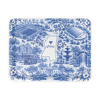 Oxford Toile Monogram Serving Tray, large tray, blue-and-white toile of Oxford landmarks around a Mississippi outline with a sample AWM monogram