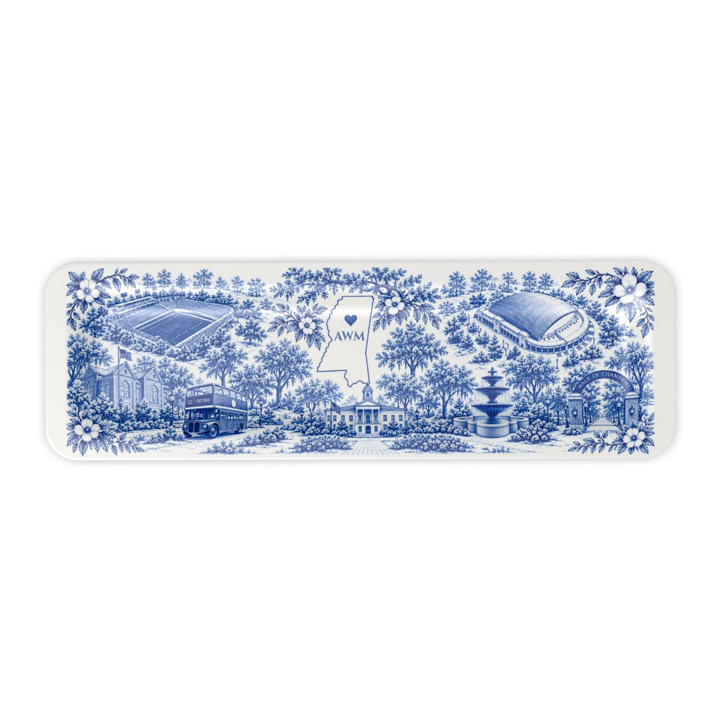 Oxford Toile Monogram Serving Tray, slim tray, blue-and-white toile of Oxford landmarks around a Mississippi outline with a sample AWM monogram