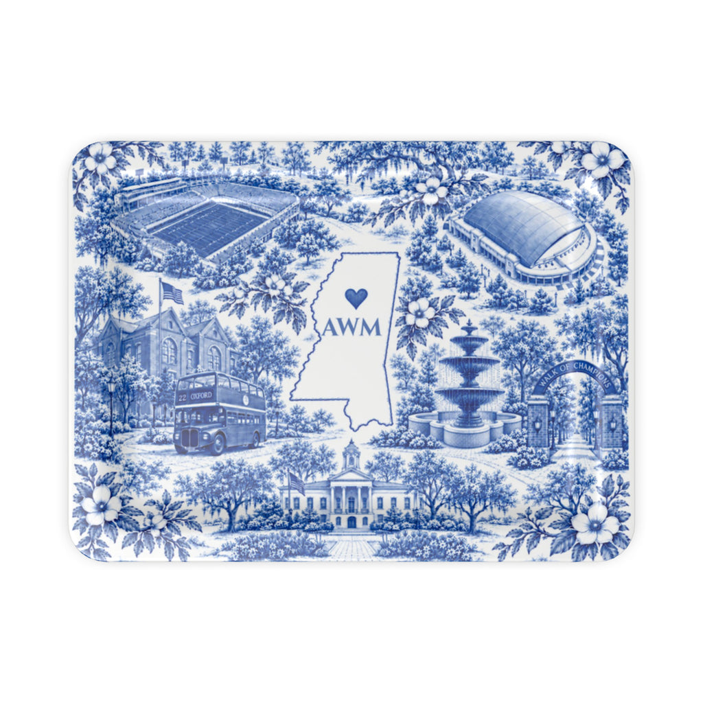 Oxford Toile Monogram Serving Tray, small tray, blue-and-white toile of Oxford landmarks around a Mississippi outline with a sample AWM monogram