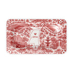 Oxford Toile Monogram Serving Tray, desk tidy size, red-and-white toile of Oxford landmarks around a Mississippi outline with a sample AWM monogram