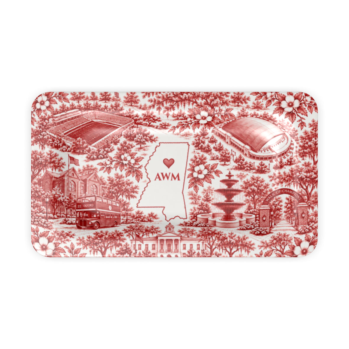 Oxford Toile Monogram Serving Tray, desk tidy size, red-and-white toile of Oxford landmarks around a Mississippi outline with a sample AWM monogram