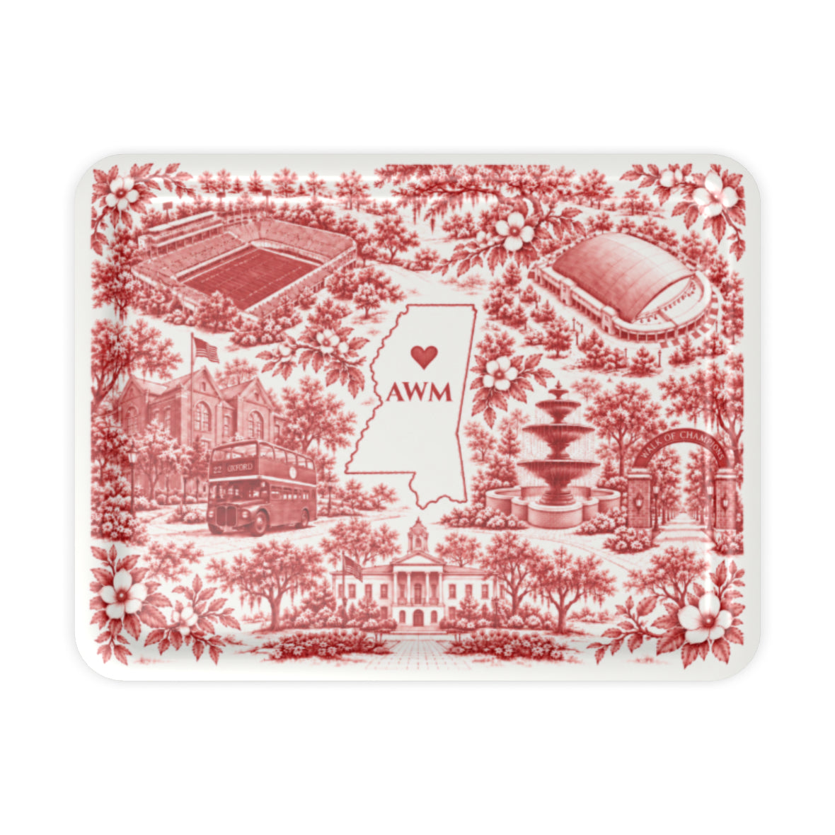 Oxford Toile Monogram Serving Tray, large tray, red-and-white toile of Oxford landmarks around a Mississippi outline with a sample AWM monogram