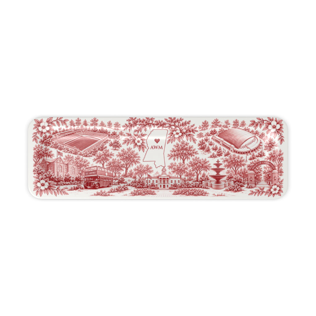 Oxford Toile Monogram Serving Tray, slim tray, red-and-white toile of Oxford landmarks around a Mississippi outline with a sample AWM monogram