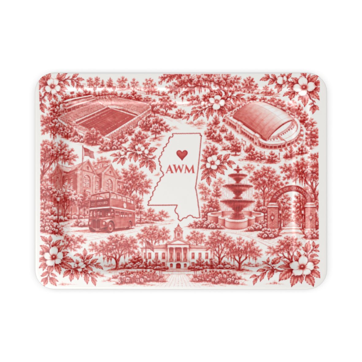 Oxford Toile Monogram Serving Tray, small tray, red-and-white toile of Oxford landmarks around a Mississippi outline with a sample AWM monogram