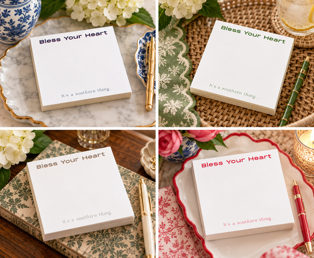 Bless Your Heart notepads in red, green, blue, and gray