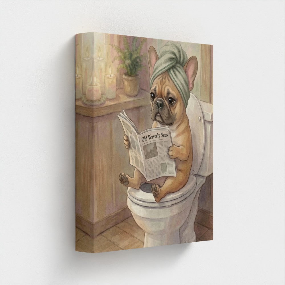 Custom pet canvas: French bulldog storybook portrait shown at an angle to show the gallery-wrapped edge