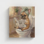 Custom pet canvas: whimsical storybook-style French bulldog in a towel turban reading the newspaper, front view