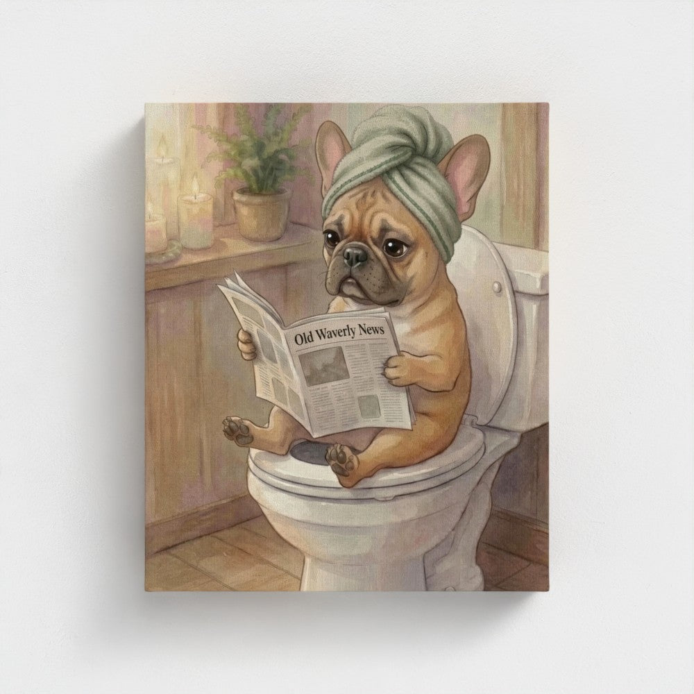 Custom pet canvas: whimsical storybook-style French bulldog in a towel turban reading the newspaper, front view