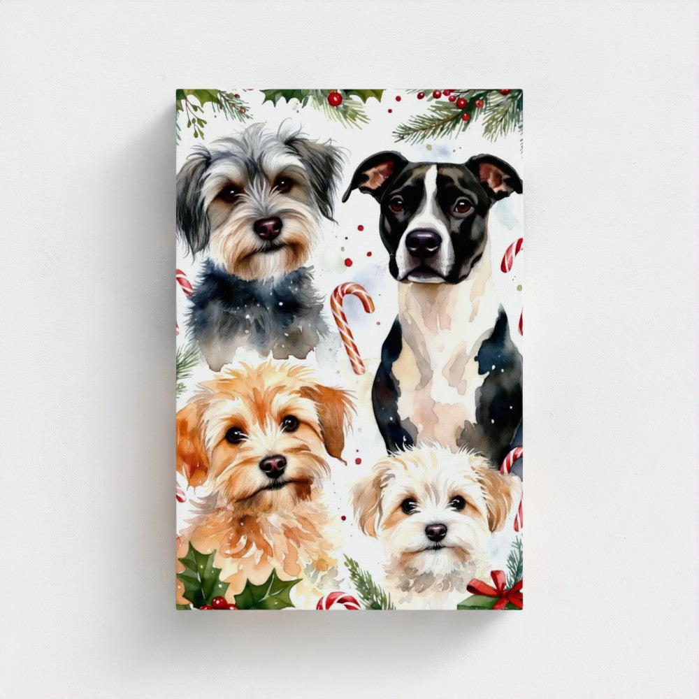 Custom pet canvas: holiday portrait of four dogs with holly, berries and candy canes