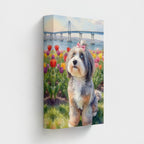 Custom pet canvas: sheepadoodle portrait shown at an angle to show the gallery-wrapped edge