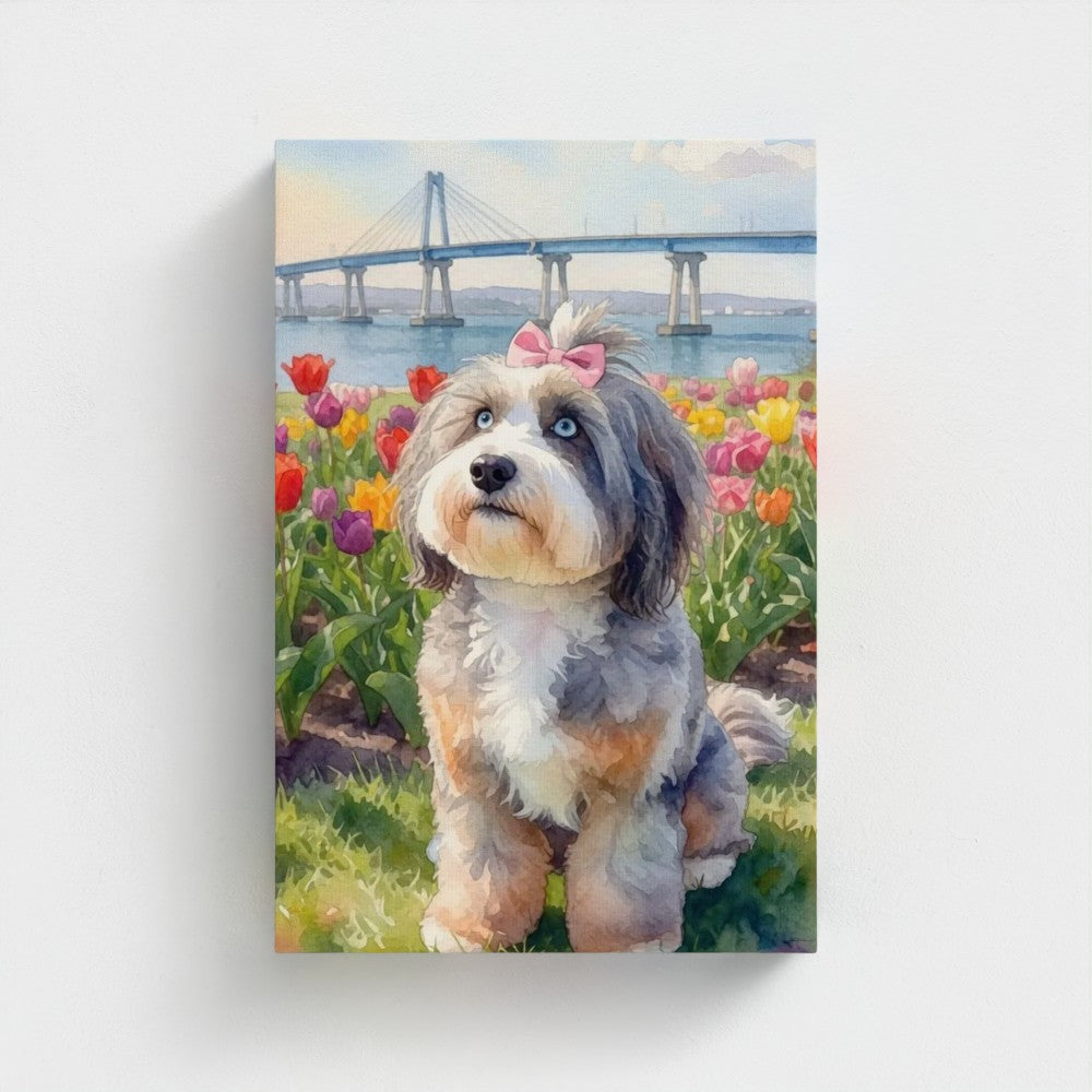 Custom pet canvas: soft watercolor-style portrait of a sheepadoodle with a pink bow in a tulip garden by a bridge, front view