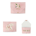 Custom Mahjong Card Wallet example in blush: front with monogram, back with elephant, and open view