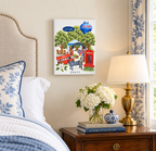 A Love Letter to Oxford canvas, 10 x 8 inch size, hanging above a nightstand in a blue and white bedroom
