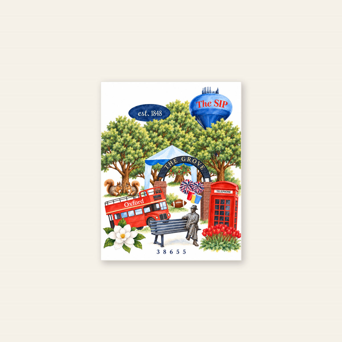 A Love Letter to Oxford canvas, 14 x 11 inch size, front view of the watercolor Oxford scene with est. 1848 and 38655