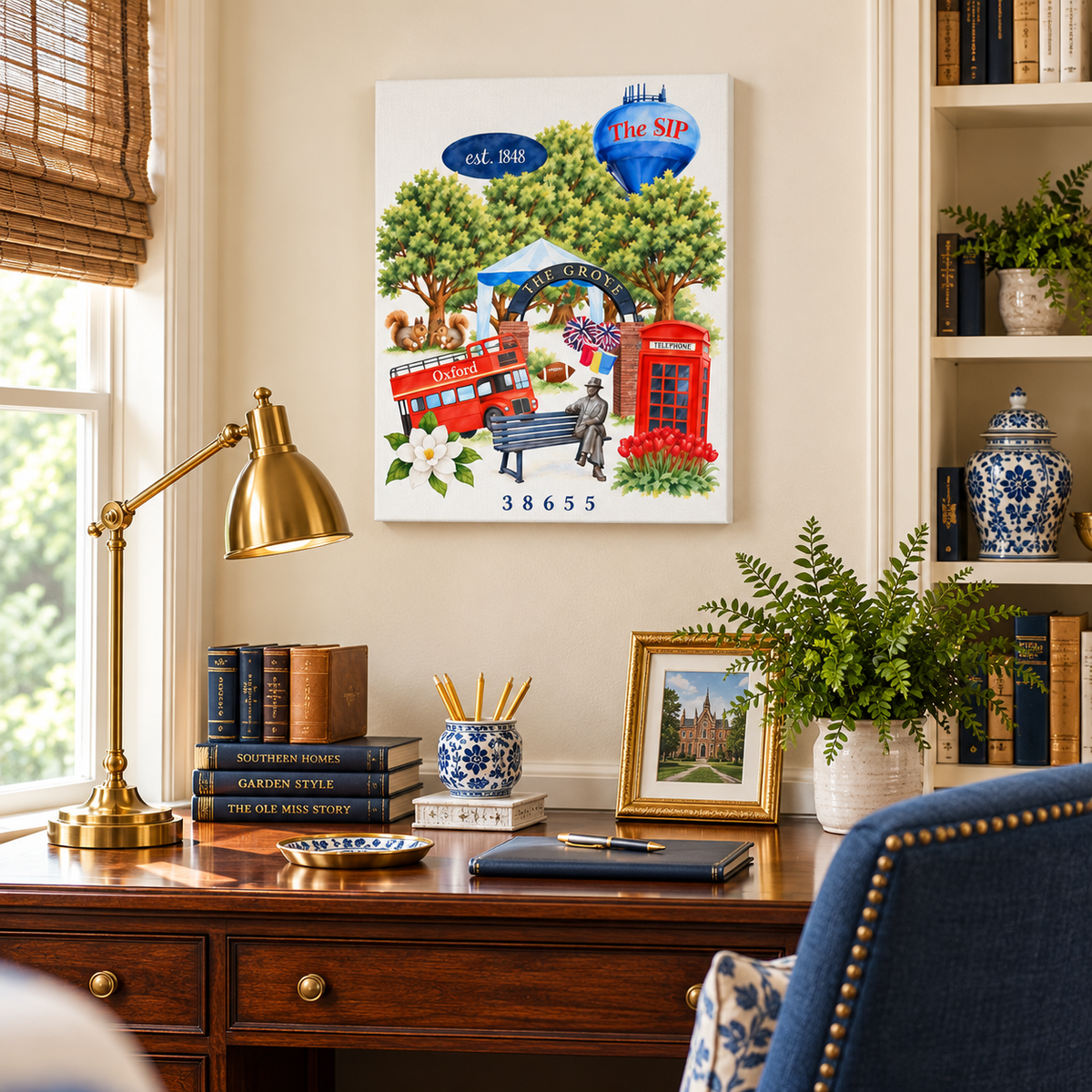 A Love Letter to Oxford canvas, 14 x 11 inch size, hanging above a wood desk in a home office