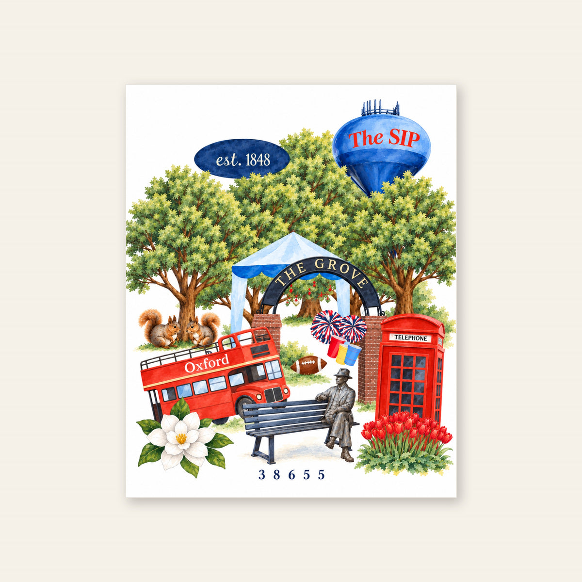A Love Letter to Oxford canvas, 20 x 16 inch size, front view of the watercolor Oxford scene with the Grove arch and The SIP water tower