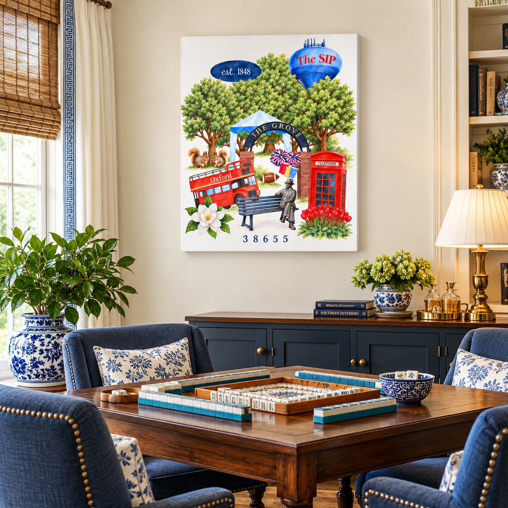 A Love Letter to Oxford canvas, 20 x 16 inch size, hanging in a navy and blue game room above a mahjong table