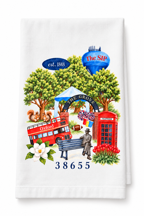 A Love Letter to Oxford tea towel laid flat, showing the Grove arch, The SIP water tower, red bus, phone booth and 38655
