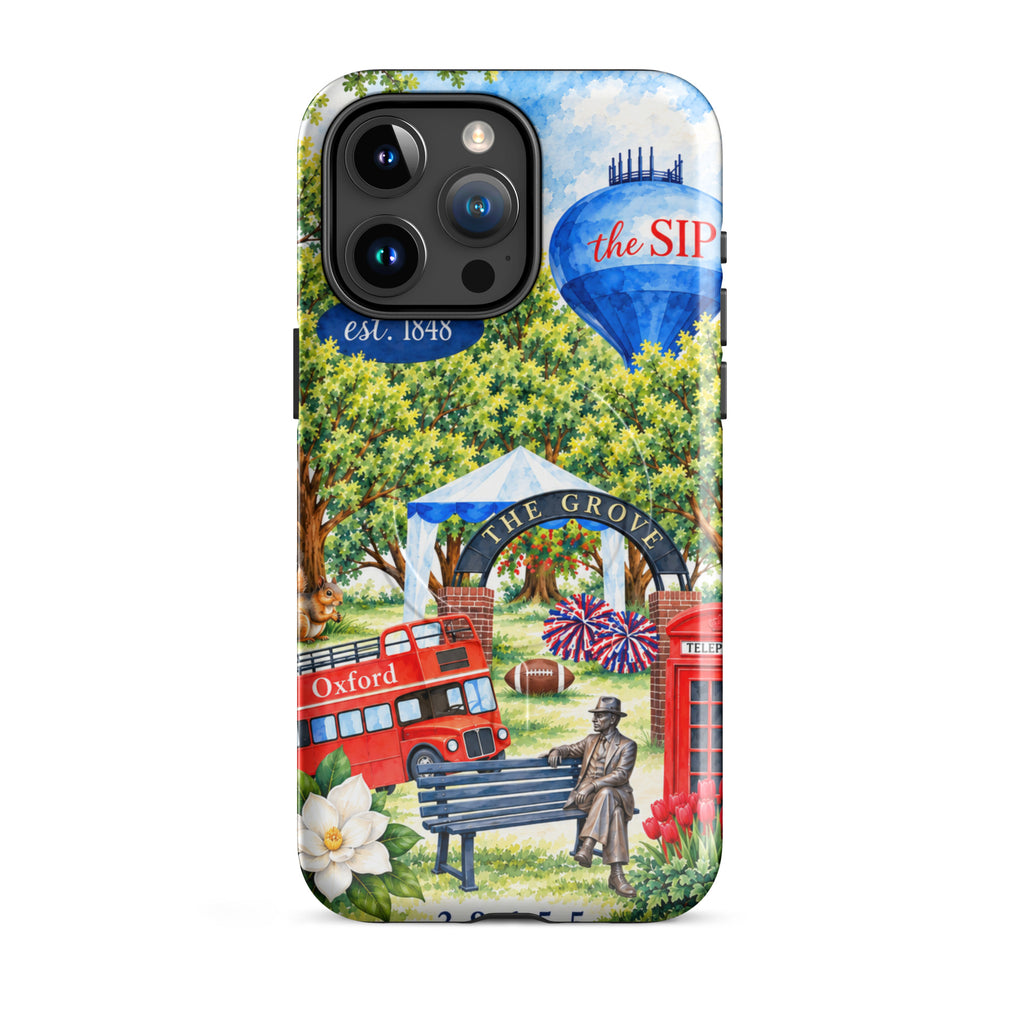 A Love Letter to Oxford MagSafe tough case on iPhone 15 Pro Max, watercolor Oxford, Mississippi scene