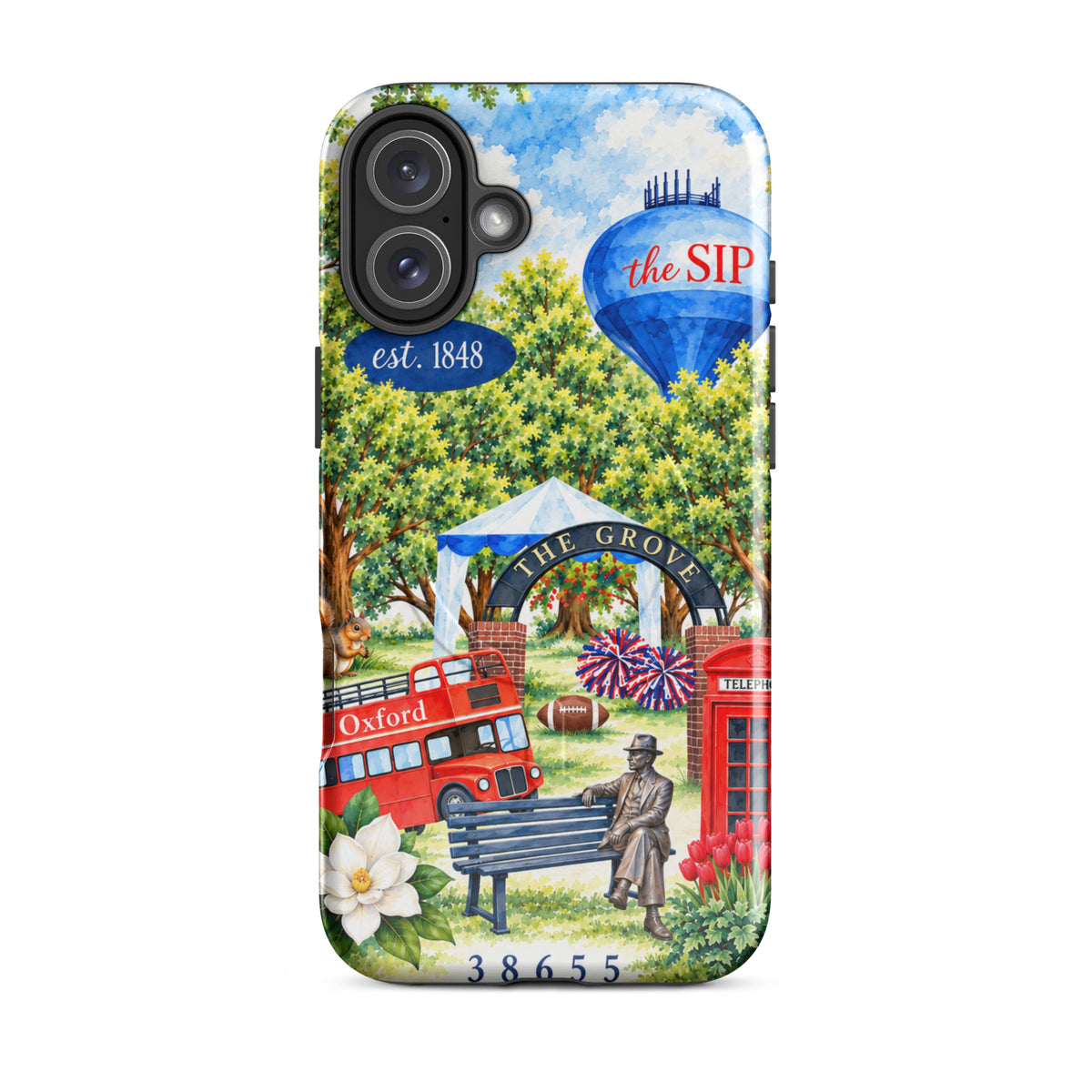 A Love Letter to Oxford MagSafe tough case on iPhone 16 Plus, watercolor Oxford, Mississippi scene
