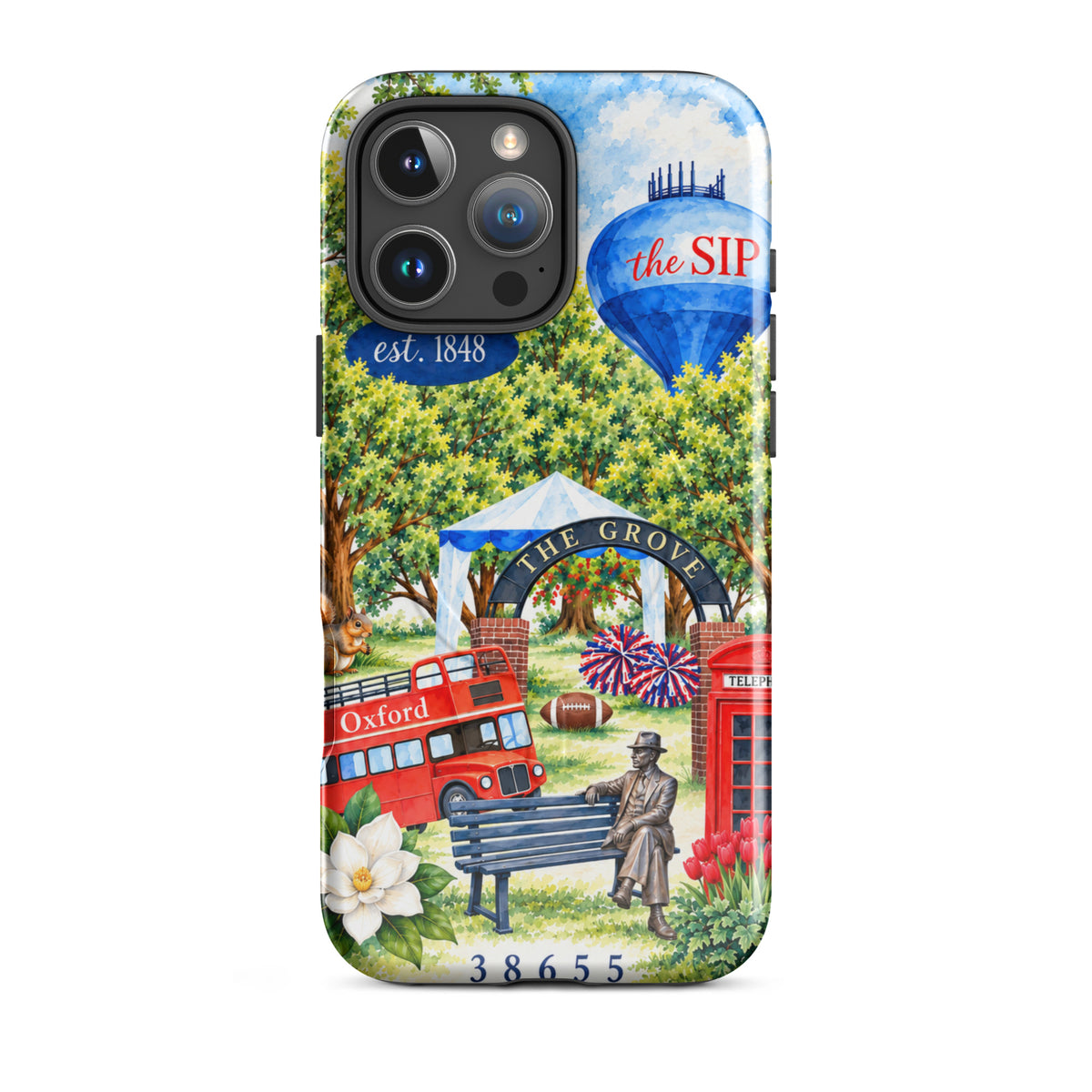 A Love Letter to Oxford MagSafe tough case on iPhone 16 Pro Max, watercolor Oxford, Mississippi scene