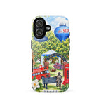 A Love Letter to Oxford MagSafe tough case on iPhone 17, watercolor Oxford scene with the Grove arch, the SIP water tower, red bus and phone booth