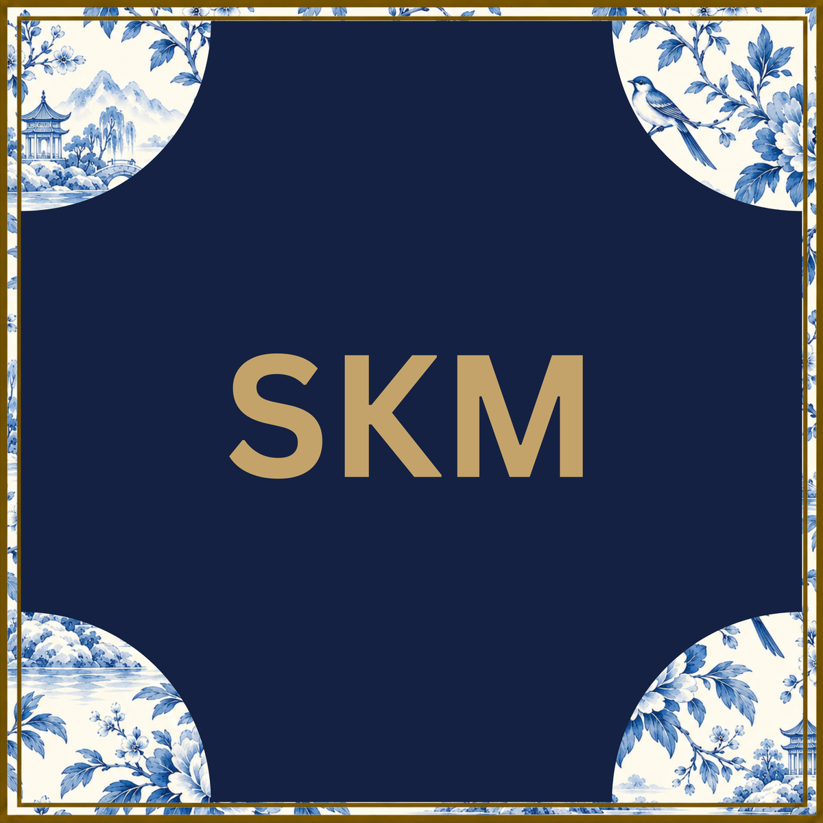 Custom mahjong mat, Pavilion Corners (Navy with Toile Corners) chinoiserie pattern